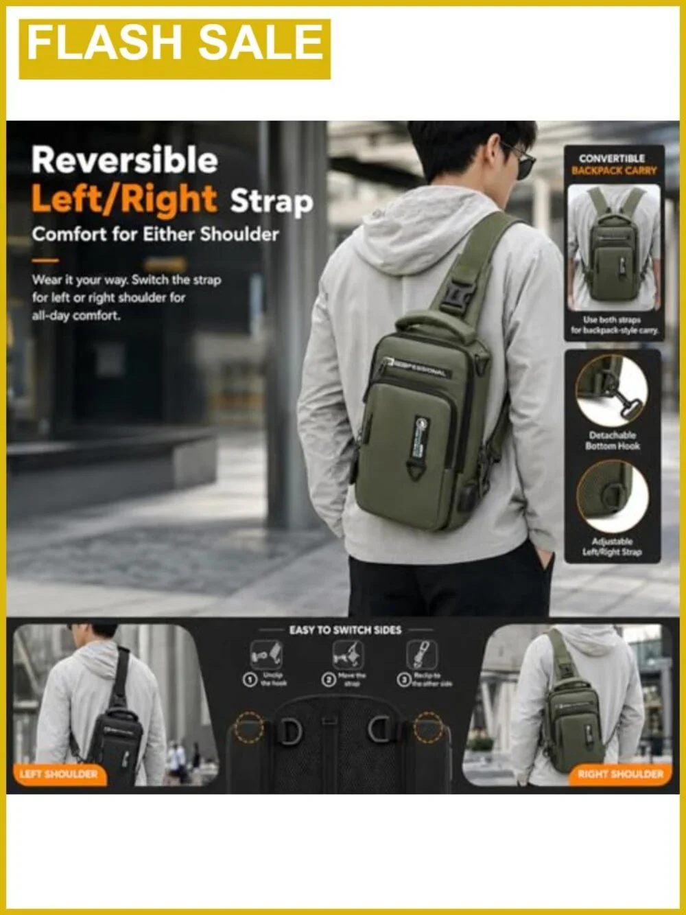 Water Resistant Nylon Sling Crossbody Bag Men Adjustable Travel Daypack